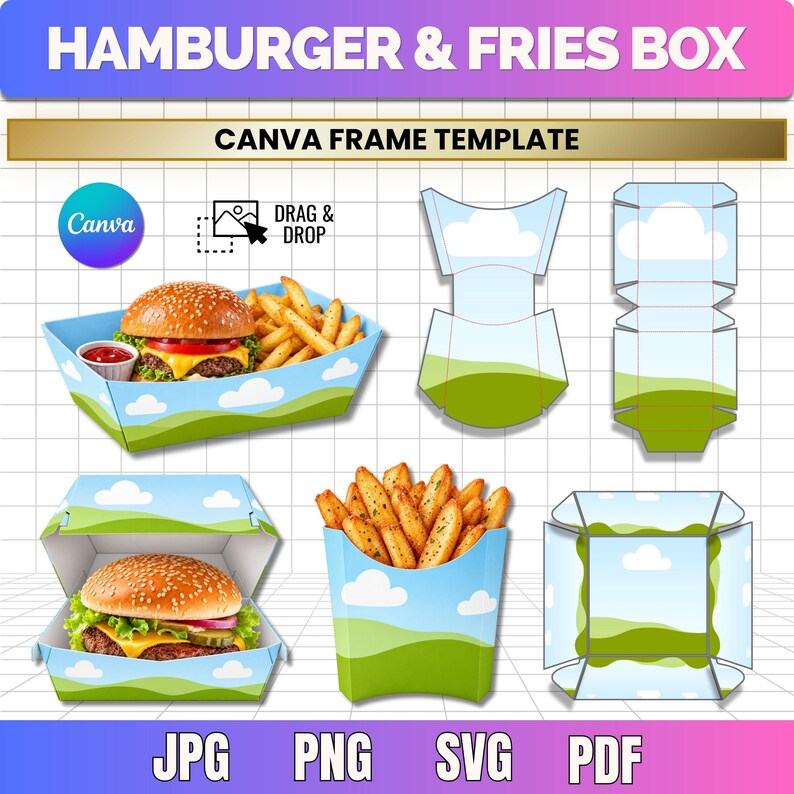 Food Box Template Bundle Canva, Burger Box SVG, French Fry Box Template ...