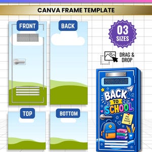 May include: A digital template for a school locker gift box featuring front, back, top, and bottom panels with a blue sky and green hill design. The assembled locker graphic displays the text BACK TO SCHOOL, a backpack, and school supplies.