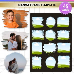 May include: A digital Canva frame template featuring 45 bleach effect distressed designs. The graphic displays various shapes including rectangles, circles, and brush strokes with a landscape placeholder. Text includes BLEACH EFFECT DISTRESSED, CANVA FRAME TEMPLATE, 45 DESIGNS, JPG, PNG, SVG, PDF.