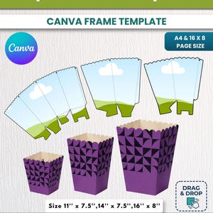 May include: Popcorn box template with a purple and black geometric design. The image shows various sizes, including 11" x 7.5", 14" x 7.5", and 16" x 8". The design includes a Canva frame template, with the text "Instant Download" and "Editable in Canva".