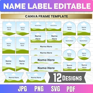 Puede incluir: Una colección digital de 12 plantillas de etiquetas de nombre editables con un gráfico de paisaje con cielo azul, nubes blancas y colinas verdes. El conjunto incluye varias formas como rectángulos, corazones y pancartas con el texto Name Here.