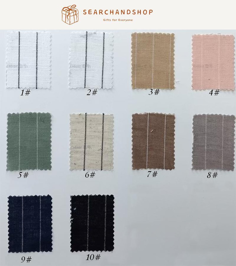 May include: A collection of ten rectangular fabric swatches arranged in a grid, each featuring vertical pinstripes. The colors include white, beige, pink, sage green, light brown, dark brown, grey, navy blue, and black, all with scalloped edges.