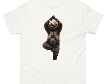 Camiseta de yoga con oso, estampado de oso grizzly en postura del árbol, camiseta de naturaleza zen
