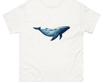 Camiseta con silueta de ballena azul, doble exposición, océano, diseño de olas vintage