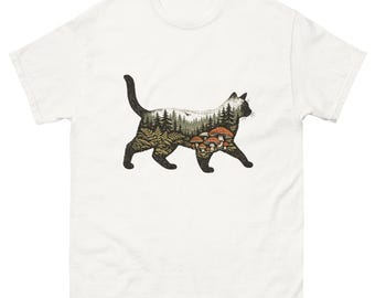 Camiseta con estampado de gatos en el bosque, silueta de naturaleza con doble exposición, camiseta gráfica estilo cottagecore.