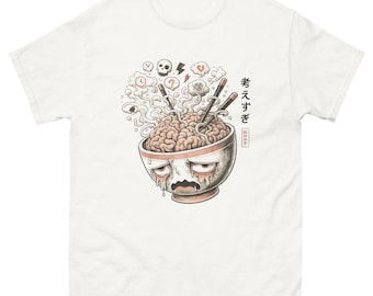 Camiseta japonesa con estampado de ramen cerebral, temática de pensamientos excesivos, estilo urbano vintage.