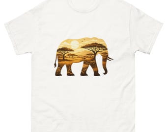 Camiseta de elefante de sabana, silueta de safari de doble exposición, camiseta gráfica de naturaleza al atardecer