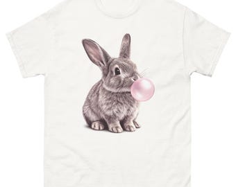Camiseta con diseño de conejito y chicle, divertida imagen de un conejo soplando una burbuja.