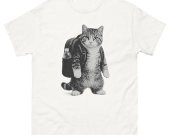 Camiseta de regreso a clases con diseño de gato, lindo gatito con mochila.