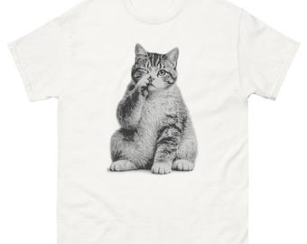 Camiseta de humor grosero con estampado de gato, divertida camiseta con estampado de gatito atigrado cavando en la tierra.
