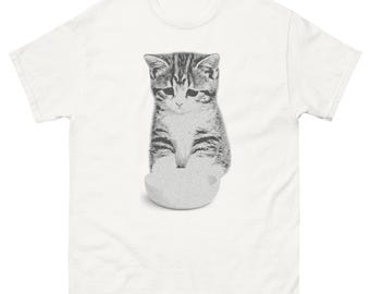 Camiseta de gato hambriento, divertida camiseta gráfica de gatito triste con cuenco vacío