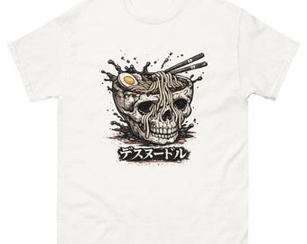Camiseta japonesa con estampado de calavera y ramen, estilo gótico de fideos de la muerte, ropa urbana vintage.