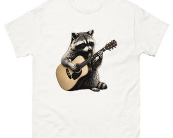 Camiseta de mapache con guitarra, divertido músico mapache, camiseta con estampado vintage.