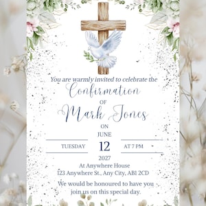 May include: Confirmation invitation with a wooden cross, a dove holding an olive branch, and floral decorations. The invitation text announces the Confirmation of Mark Jones, including the date and time. The design is elegant and suitable for a religious event.
