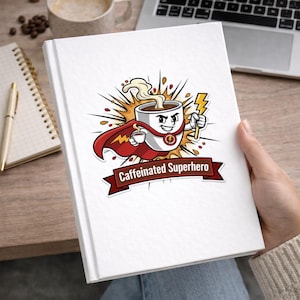Op de afbeelding: Wit notitieboek met een cartoon koffiekopje superheld ontwerp. Het personage draagt een rode cape en houdt een bliksemschicht vast. De banner hieronder luidt "Caffeinated Superhero". Een kopje koffie en een laptop zijn zichtbaar op de achtergrond.
