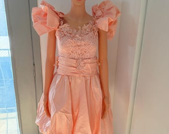 Vintage Peach Party Dress Girls Lace Puff Sleeve Bow Dress 90s Flower Girl Dress Princess Dress