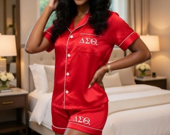 Red Satin Pajama Set with Greek Letters – Women’s 2-Piece Sorority Sleepwear Lounge Set