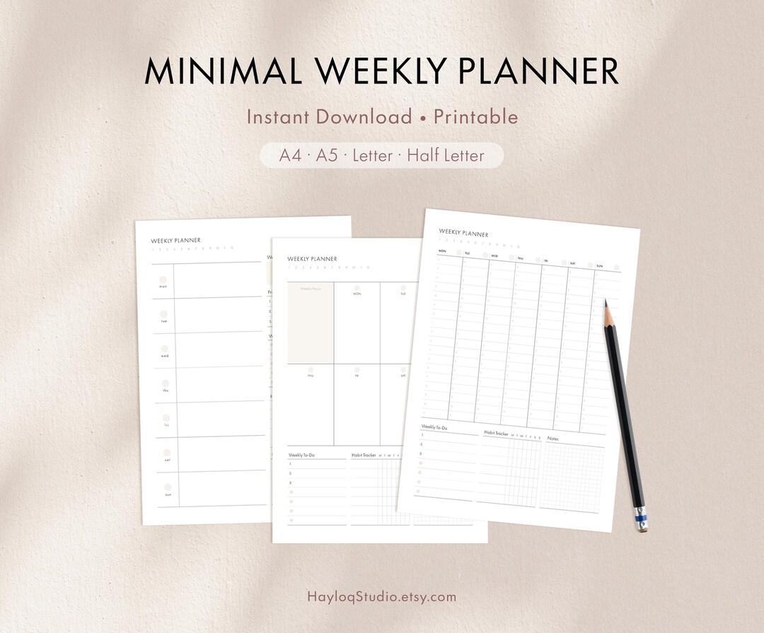 Weekly Planner Printable PDF Undated Minimalist Weekly Planner for Time ...
