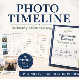 Puede incluir: Un kit de línea de tiempo fotográfica azul marino con el texto "Relationship Evidence Photo Timeline Kit". La imagen incluye páginas PDF imprimibles para hitos, recuerdos de viaje, registros fotográficos, leyendas y un índice de exhibición. El kit también incluye fotos de París y Bali.