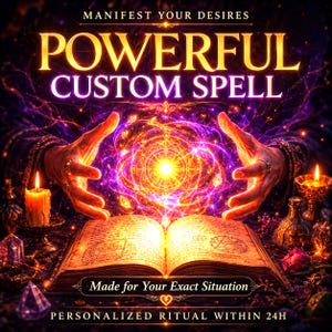 May include: An open book with aged pages sits beneath glowing hands, surrounded by candles and crystals. Text reads: MANIFEST YOUR DESIRES, POWERFUL CUSTOM SPELL, Made for Your Exact Situation, PERSONALIZED RITUAL WITHIN 24H. The scene features purple and gold light.