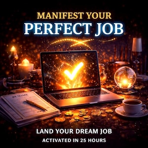 May include: A laptop displays a glowing checkmark, with the text "MANIFEST YOUR PERFECT JOB" above and "LAND YOUR DREAM JOB ACTIVATED IN 25 HOURS" below. The image includes a resume, coins, candles, and a coffee cup.