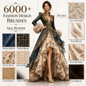Könnte beinhalten: Eine digitale Grafikwerbung für 6000+ Modedesign-Pinsel mit einer zentralen Figur in einem dunkel-türkis-goldenen Vokuhila-Kleid mit Pelzmanschetten. Das Bild zeigt verschiedene Texturmuster, darunter Spitze, Tweed, Denim, Strick und Glitzer.