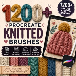 Puede incluir: Un conjunto de productos digitales con 1200+ pinceles de tejido para Procreate. La imagen muestra el texto 1200+ PROCREATE KNITTED BRUSHES, una tableta con una ilustración de un gorro tejido rosa y varias muestras de diferentes texturas.