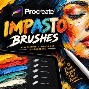 Puede incluir: Un gráfico digital para pinceles Procreate Impasto que muestra una pintura al óleo vibrante y de textura gruesa de un rostro. El texto dice Procreate, Impasto Brushes, Real Texture, Bolder Art in Procreate y Paint Bigger Feel Real, con un lápiz óptico.