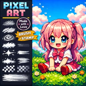May include: A digital pixel art illustration featuring a character with pink hair in pigtails, wearing a white shirt with a red bow and a red skirt, sitting in a green field with flowers under a blue sky with clouds, alongside a brush and stamp menu.