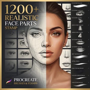 Puede incluir: Suministros de arte digital para Procreate, con más de 1200 sellos de partes faciales realistas. La imagen muestra un rostro dividido, un lado un boceto, el otro un retrato renderizado. Incluye sellos de ojos, nariz y labios, además de pinceles para piel, detalles y cabello.