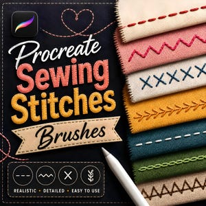 以下が含まれることがあります： Procreate Sewing Stitches Brushesというテキスト、白いスタイラスペン、そして直線、ジグザグ、クロス、装飾的なデザインなど、さまざまな刺繍ステッチパターンが施された布地の見本が積み重なっているデジタルグラフィック。