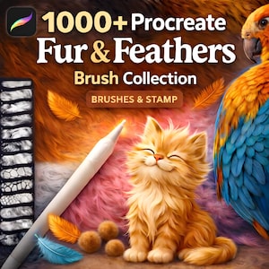 Op de afbeelding: Digitale penseelcollectie voor Procreate, met een lachende oranje kat, een papegaai en vacht- en veertjestexturen. De afbeelding bevat een stylus en de tekst "1000+ Procreate Fur & Feathers Brush Collection".