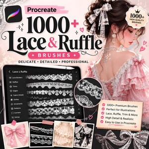 May include: A digital collection of 1000+ Procreate lace and ruffle brushes featuring various border, trim, and fabric patterns. The display shows a tablet interface with brush categories, an illustration of a person in a pink lace dress, and sample images of bows and lace textures.