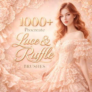 Puede incluir: Anuncio de pinceles de arte digital, con una mujer con un vestido de encaje color melocotón. La imagen incluye el texto "1000+ Procreate Lace & Ruffle Brushes" en letras doradas, promocionando un producto de arte digital para Procreate.