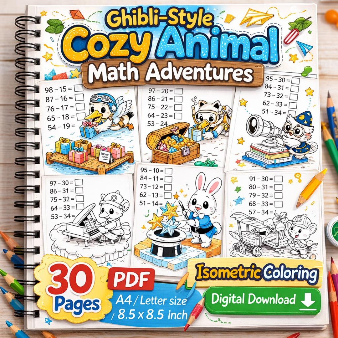 Ghilbi Math Ghibli-style Cozy Animal Math Coloring Pages | 2-digit Subtraction ...