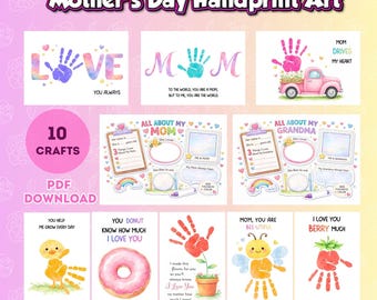 Arte com impressões de mãos para o Dia das Mães, atividade artesanal para crianças, folha de atividades "Tudo sobre a mamãe" (download digital)