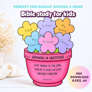Puede incluir: Ilustración colorida para el estudio bíblico infantil. Una maceta rosa contiene recortes con forma de flor con las palabras "Comida", "Escuela", "Mi casa", "Mi familia", "Amigos" e "Iglesia". Texto: "Growing in Gratitude".