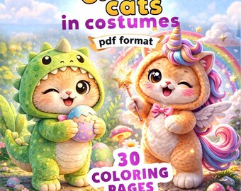 Livro de colorir de gatos kawaii fantasiados, 30 páginas de gatinhos (download em PDF)