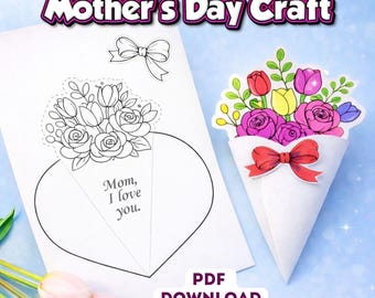 Faça um cartão com buquê de flores para o Dia das Mães | Desenho para colorir "Mãe, eu te amo" (Download instantâneo)