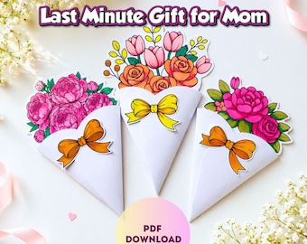 Faça um cartão de flores para o Dia das Mães, atividade imprimível de buquê de peônias (download instantâneo)