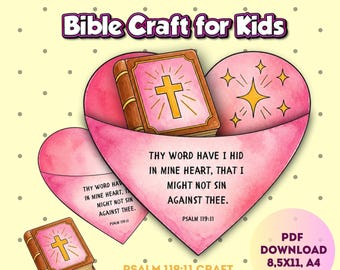 Salmo 119:11 - Atividade em formato de coração com versículo bíblico para crianças, ideal para a Escola Dominical (Download em PDF)