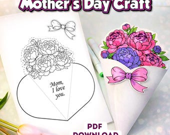 Faça um cartão com buquê de flores para o Dia das Mães | Desenho para colorir "Mãe, eu te amo" (Download instantâneo)