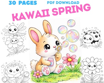 Desenhos para colorir de primavera kawaii | Flores, caracol, abelha, coelho (download digital)