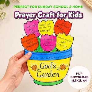 Op de afbeelding: Een kleurrijk papieren knutselwerk voor kinderen met een gele bloempot met het opschrift "God's Garden" en zes tulpvormige bloemen. Elke bloem heeft een gebed erop. De tekst "Prayer Craft for Kids" staat bovenaan.