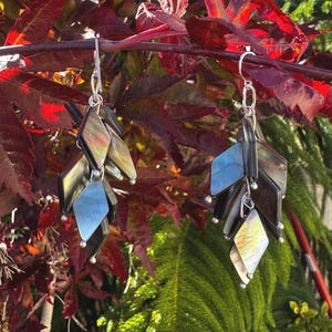 May include: Dangling earrings with iridescent, diamond-shaped pendants. The earrings are suspended from silver-colored hooks and feature multiple layers of the shimmering, multi-colored pendants. The background includes red leaves and green foliage.