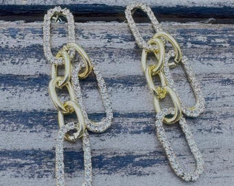 Vintage Gold Tone & Rhinestone Paperclip Link Dangle Earrings | Statement Chain Earrings | Glam Fashion Jewelry