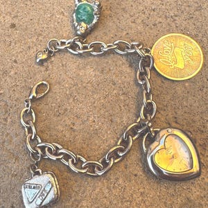 Vintage Charm Bracelet with Heart Watch, I Love You Coin, Green Stone, England Charms