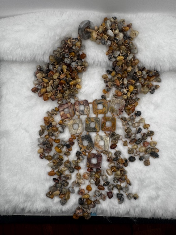 Jasper Statement Necklace--Multi Strand Stone, Ha… - image 4