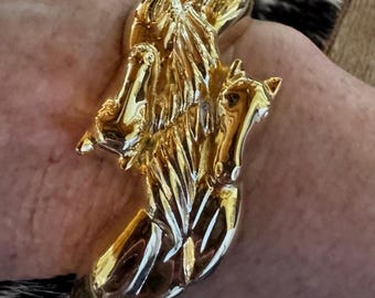 Bracciale rigido con cerniera a forma di testa di cavallo color oro vintage – Bracciale rigido equestre – Gioielli Western Glam