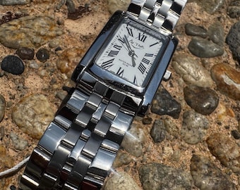 Vintage Fossil Silver Tone Watch, Tank Style, Rectangle Face 